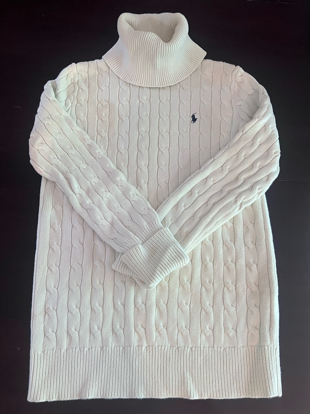 Ralph Lauren Cream Cable-Knit Turtleneck Sweater with Navy Pony Beautiful!